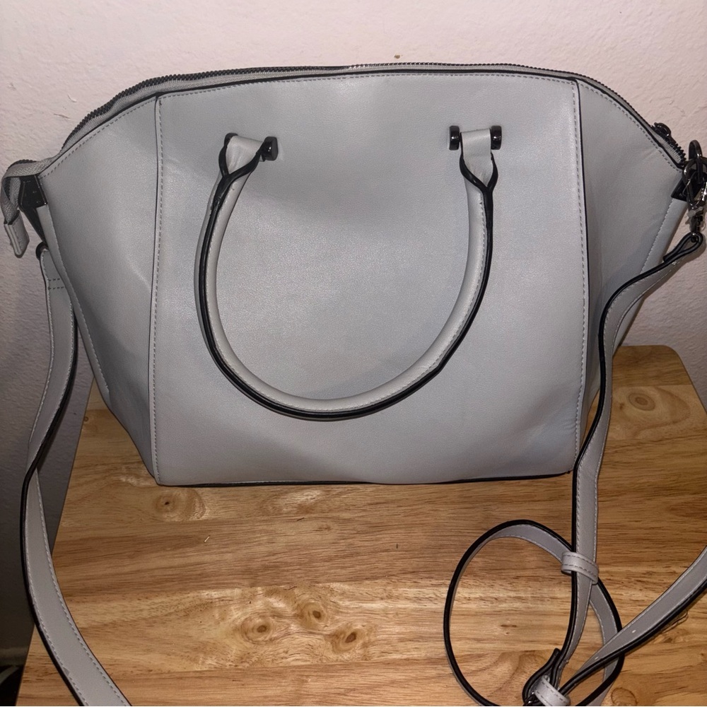 Structured Large Light Gray Satchel Handbag with Shoulder Strap, Crossbody